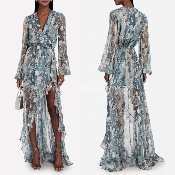 Caroline Constas Silk Vivan Floral Ruffled Georgette Maxi Gown Dress Slate Ombre - Picture 1 of 13